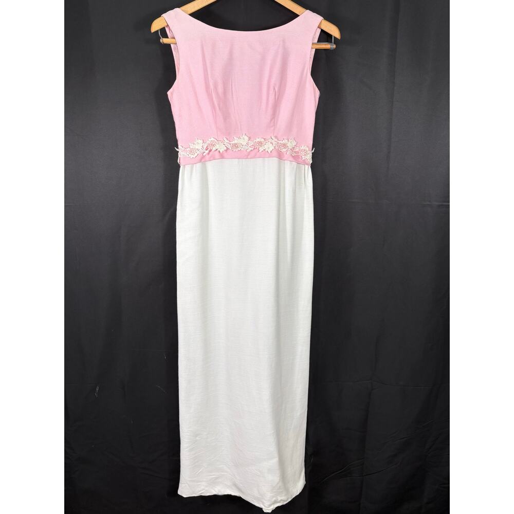 Vintage 60's Long Prom Dress Pink & White, Sleeveless, Bow, Slit, Floral Trim
